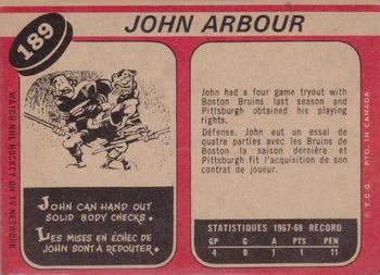 1968-69 O-Pee-Chee #189 John Arbour Back