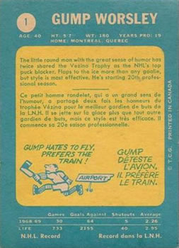 1969-70 O-Pee-Chee #1 Gump Worsley Back