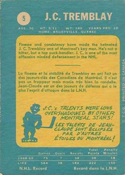 1969-70 O-Pee-Chee #5 J.C. Tremblay Back