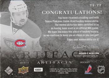 2010-11 Upper Deck Artifacts - Treasured Swatches Silver #TS-TP Tomas Plekanec  Back