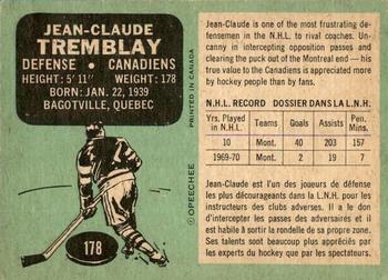 1970-71 O-Pee-Chee #178 Jean-Claude Tremblay Back