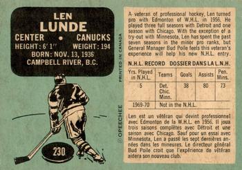 1970-71 O-Pee-Chee #230 Len Lunde Back