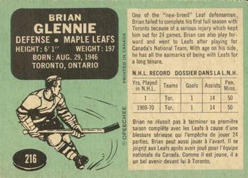 1970-71 O-Pee-Chee #216 Brian Glennie Back