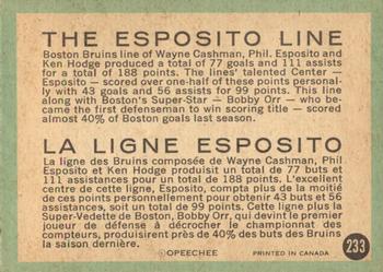 1970-71 O-Pee-Chee #233 Esposito Line (Ken Hodge / Phil Esposito / Wayne Cashman) Back