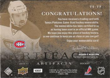2010-11 Upper Deck Artifacts - Treasured Swatches Jersey Patch Gold #TS-TP Tomas Plekanec  Back