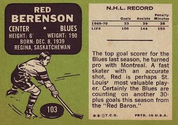 1970-71 Topps #103 Red Berenson Back