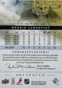 2010-11 Upper Deck Artifacts - Jerseys Bronze #2 Henrik Lundqvist  Back