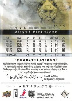 2010-11 Upper Deck Artifacts - Jerseys Bronze #8 Miikka Kiprusoff  Back