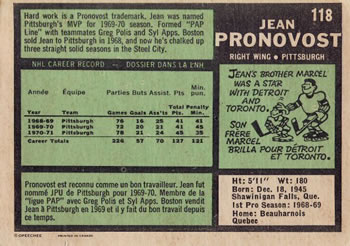 1971-72 O-Pee-Chee #118 Jean Pronovost Back