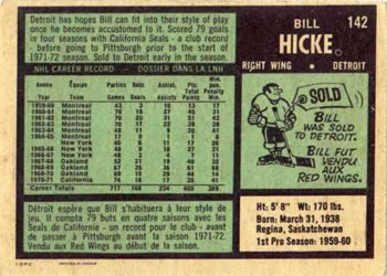 1971-72 O-Pee-Chee #142 Bill Hicke Back