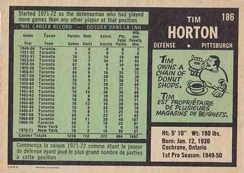 1971-72 O-Pee-Chee #186 Tim Horton Back