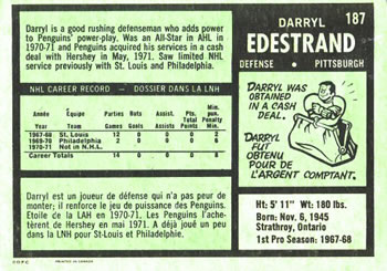 1971-72 O-Pee-Chee #187 Darryl Edestrand Back