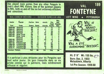 1971-72 O-Pee-Chee #189 Val Fonteyne Back