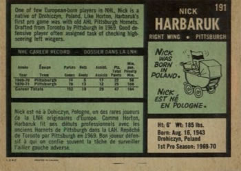1971-72 O-Pee-Chee #191 Nick Harbaruk Back