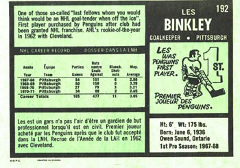 1971-72 O-Pee-Chee #192 Les Binkley Back