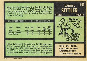 1971-72 O-Pee-Chee #193 Darryl Sittler Back