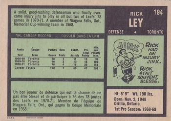 1971-72 O-Pee-Chee #194 Rick Ley Back