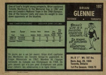 1971-72 O-Pee-Chee #197 Brian Glennie Back