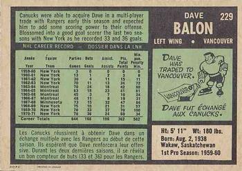1971-72 O-Pee-Chee #229 Dave Balon Back