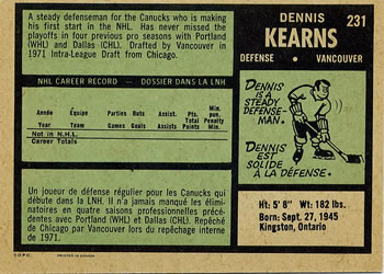 1971-72 O-Pee-Chee #231 Dennis Kearns Back