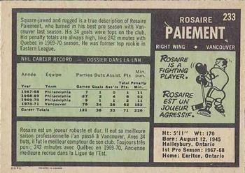 1971-72 O-Pee-Chee #233 Rosaire Paiement Back