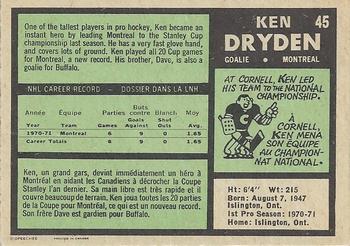 1971-72 O-Pee-Chee #45 Ken Dryden Back
