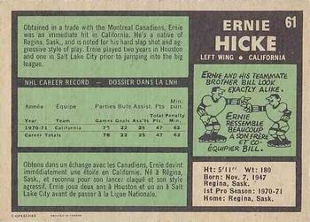 1971-72 O-Pee-Chee #61 Ernie Hicke Back