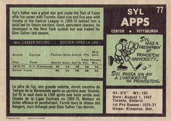1971-72 O-Pee-Chee #77 Syl Apps Back