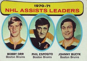 1971-72 Topps #2 1970-71 NHL Assists Leaders (Bobby Orr / Phil Esposito / Johnny Bucyk) Front