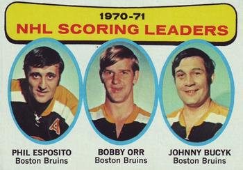 1971-72 Topps #3 1970-71 NHL Scoring Leaders (Phil Esposito / Bobby Orr / Johnny Bucyk) Front