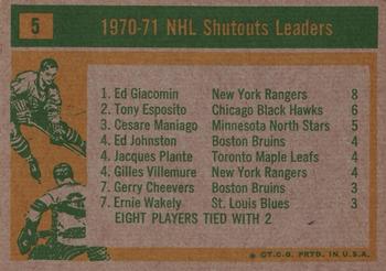 1971-72 Topps #5 1970-71 NHL Shutouts Leaders (Ed Giacomin / Tony Esposito / Cesare Maniago) Back