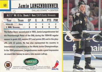 1995-96 Parkhurst International - Emerald Ice #60 Jamie Langenbrunner Back