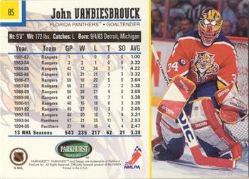 1995-96 Parkhurst International - Emerald Ice #85 John Vanbiesbrouck Back