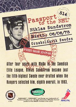 1995-96 Parkhurst International - Emerald Ice #514 Niklas Sundstrom Back