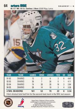 1995-96 Collector's Choice - Player's Club #64 Arturs Irbe Back