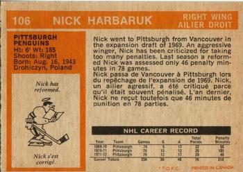 1972-73 O-Pee-Chee #106 Nick Harbaruk Back