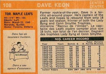 1972-73 O-Pee-Chee #108 Dave Keon Back