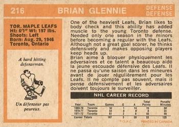 1972-73 O-Pee-Chee #216 Brian Glennie Back