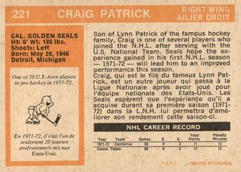 1972-73 O-Pee-Chee #221 Craig Patrick Back