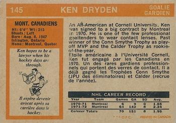1972-73 O-Pee-Chee #145 Ken Dryden Back