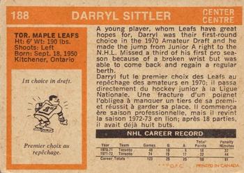1972-73 O-Pee-Chee #188 Darryl Sittler Back