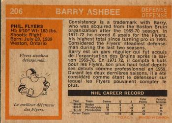 1972-73 O-Pee-Chee #206 Barry Ashbee Back