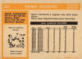 1972-73 O-Pee-Chee #251 Henri Richard Back