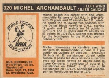 1972-73 O-Pee-Chee #320 Michel Archambault Back