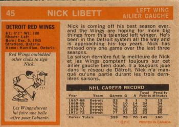 1972-73 O-Pee-Chee #45 Nick Libett Back