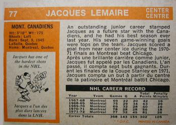 1972-73 O-Pee-Chee #77 Jacques Lemaire Back