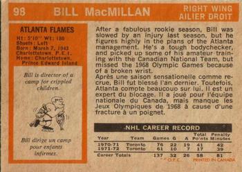 1972-73 O-Pee-Chee #98 Bill MacMillan Back