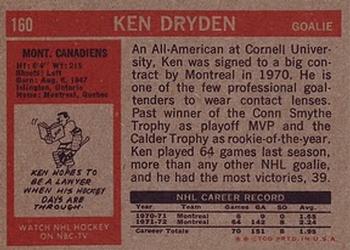 1972-73 Topps #160 Ken Dryden Back