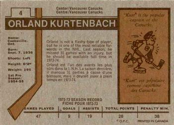 1973-74 O-Pee-Chee #4 Orland Kurtenbach Back