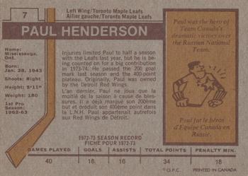 1973-74 O-Pee-Chee #7 Paul Henderson Back